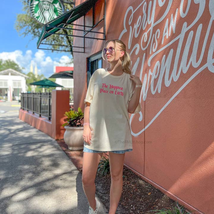 THE FMLY SHOP - Wholesale Screen Printed T-Shirt - Women's - Take me to my Happy Place, Pink Puffed Ink Tee4