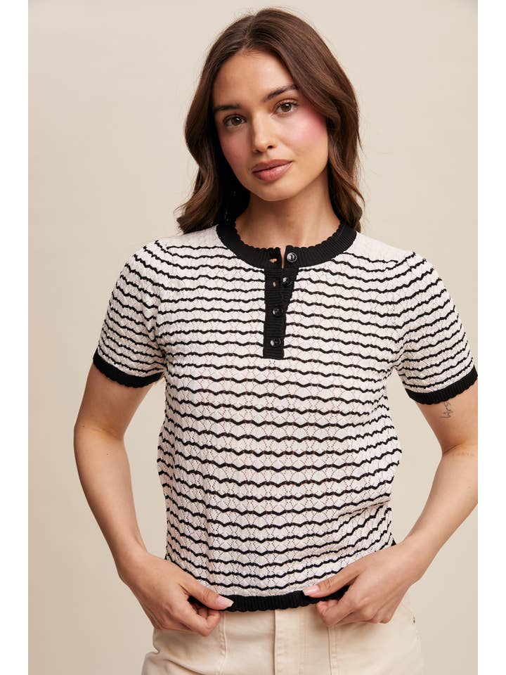 Listicle - Wholesale Knit Sweater - Women's - Striped Lace Light Weight Knit Sweater Top