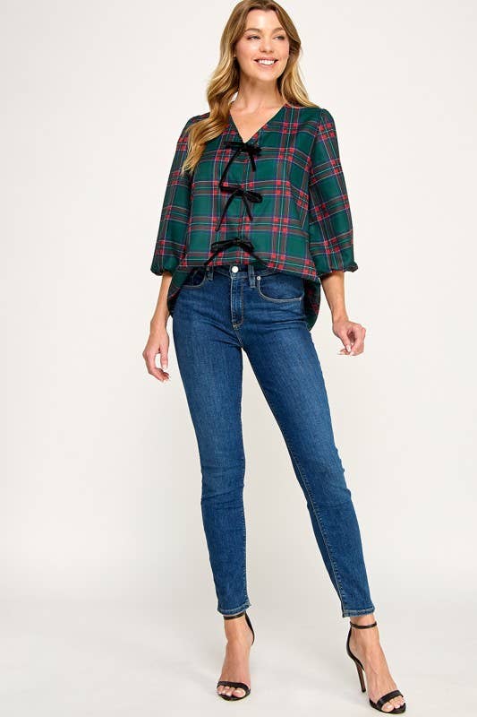 MintChoco - Wholesale Screen Printed T-Shirt - Women's - Plaid Holiday tie front blouse24