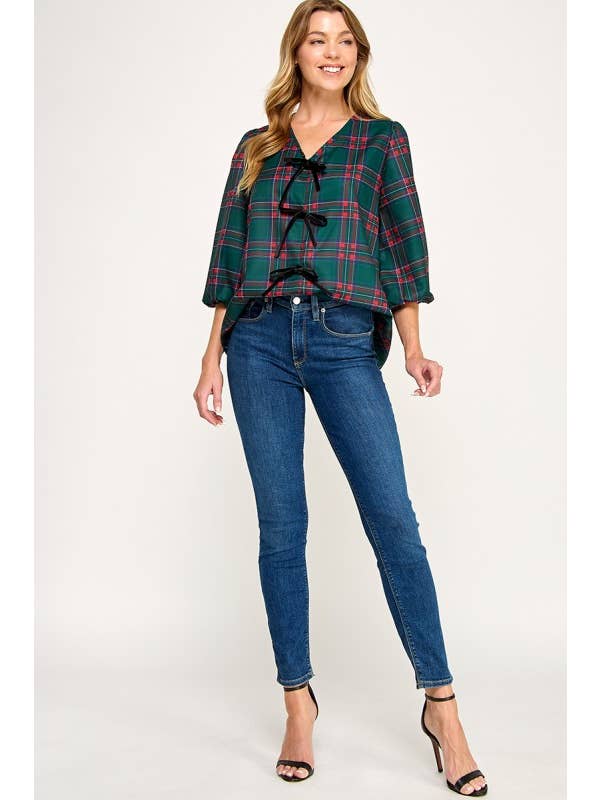 MintChoco - Wholesale Screen Printed T-Shirt - Women's - Plaid Holiday tie front blouse24