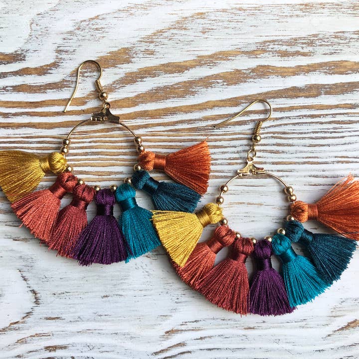 Dark Multi Tassel Gold Hoop Earrings for wholesale by Kate Tuesday Jewelry