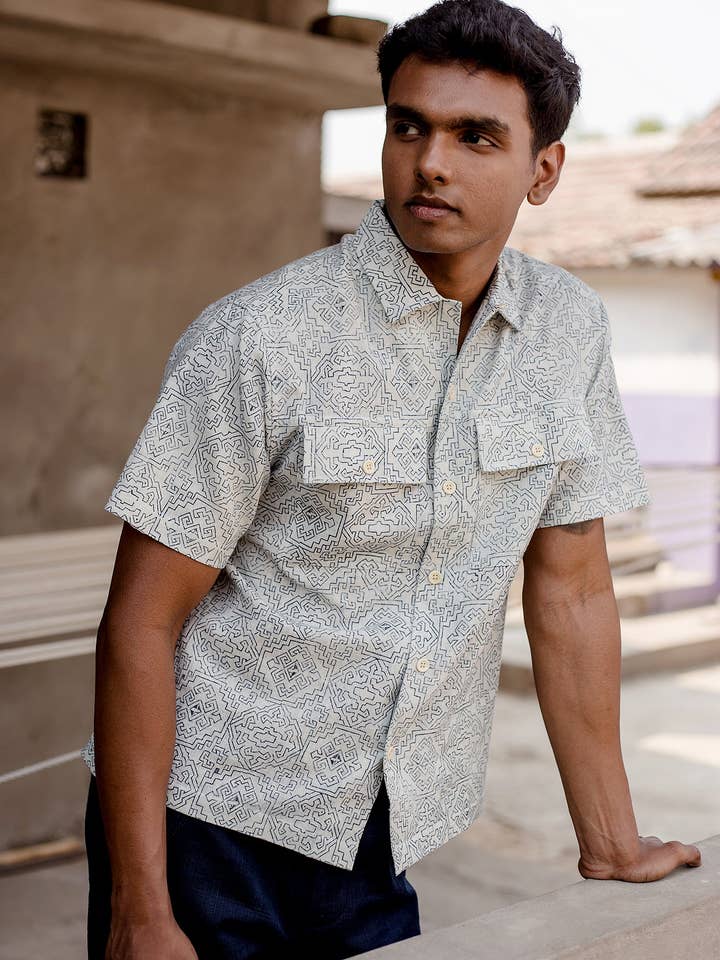 Harshil 2 Pocket Shirt in Natural Tile Block Print for wholesale by Umber and Ochre