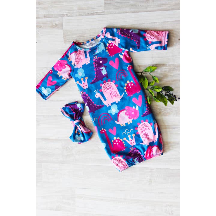 Adorable Sweetness - Wholesale Babygown Set - Baby - Girl Dino Baby Gown and Bow Headband