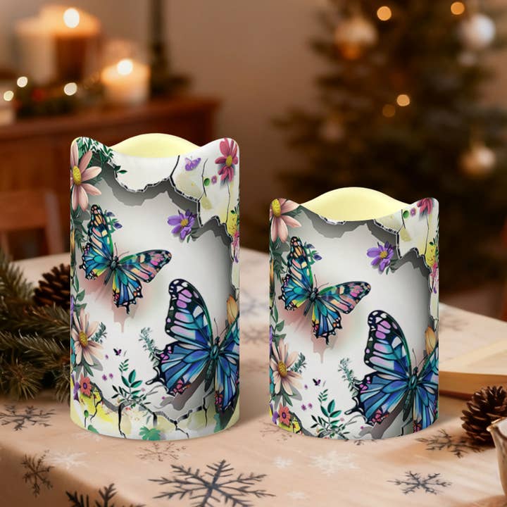 Butterfly Wave-Edge Flameless LED Pillar Candle Set of 3 for wholesale by Candles Meta