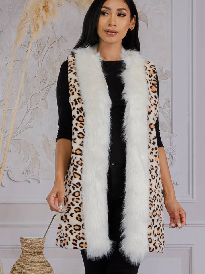 MS0198 - Gilet à bordure en fausse fourrure léopard pour la vente par H&H Fashion Inc.