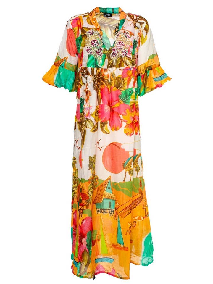 PALMSTRANDPRINT LANG KJOLE + 5 STØRRELSE BRODERI 100% CO-MADE IN for engroshandel hos Ayfee