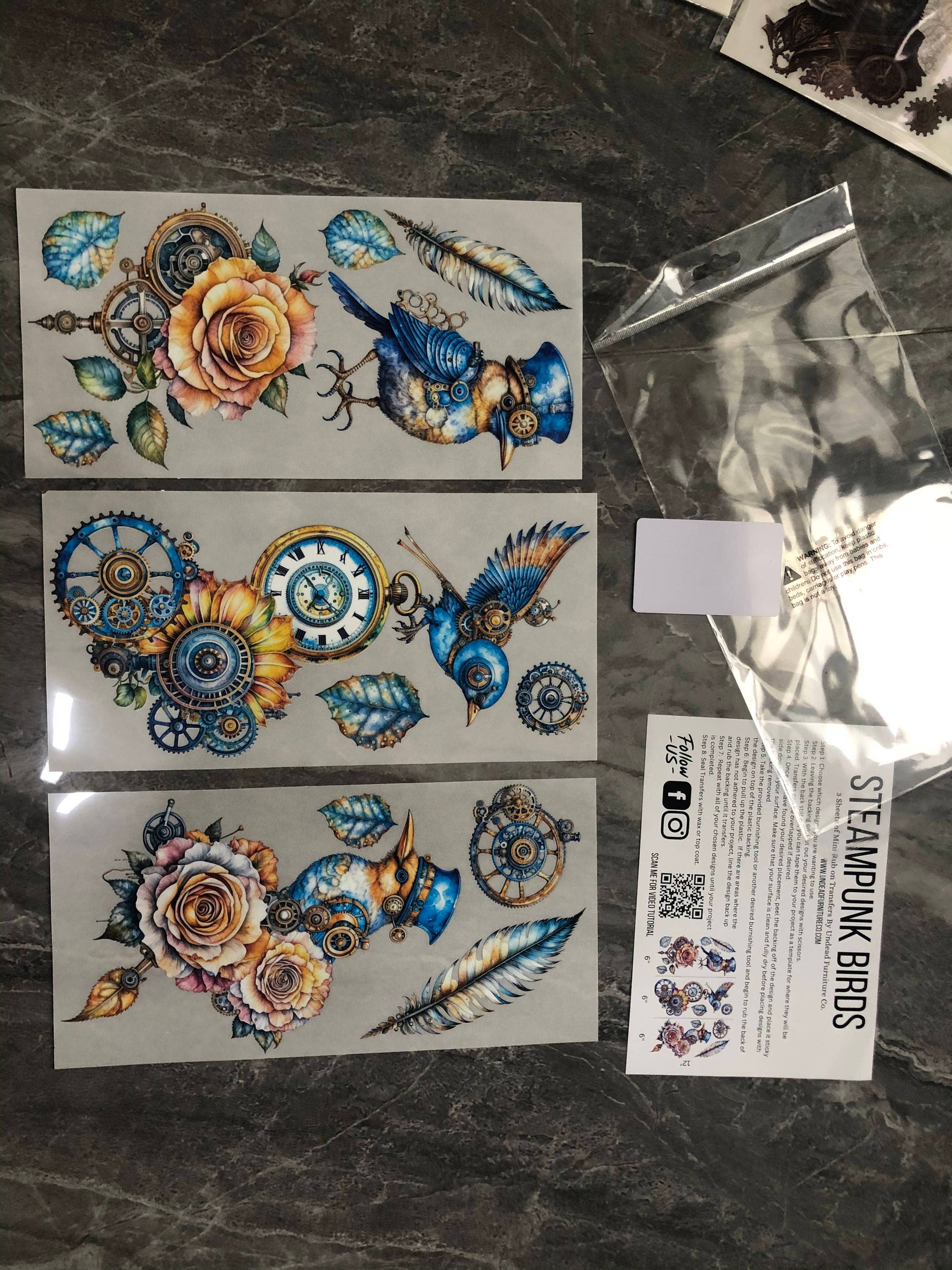 Undead Furniture Co - Wholesale Sublimation Transfer - NEW "Steampunk Birds" Mini Rub-On Transfer Set2