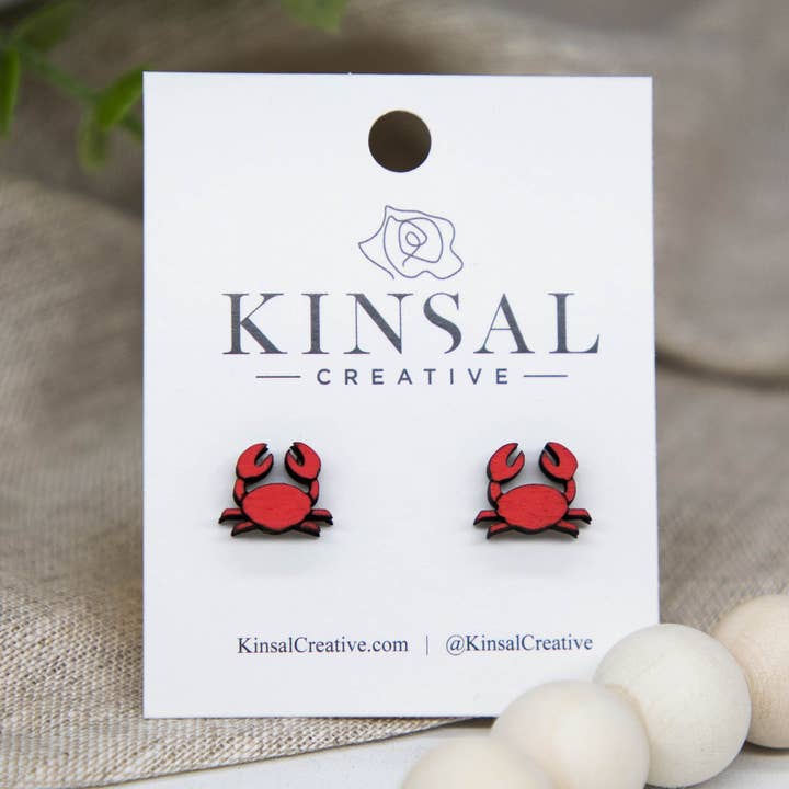 Crab Wood Stud Earrings for wholesale by Kinsal Creative