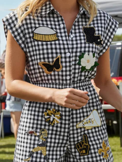 New Orleans Football Gingham black & Gold Sequin Romper for wholesale by Sash Clothing Bar