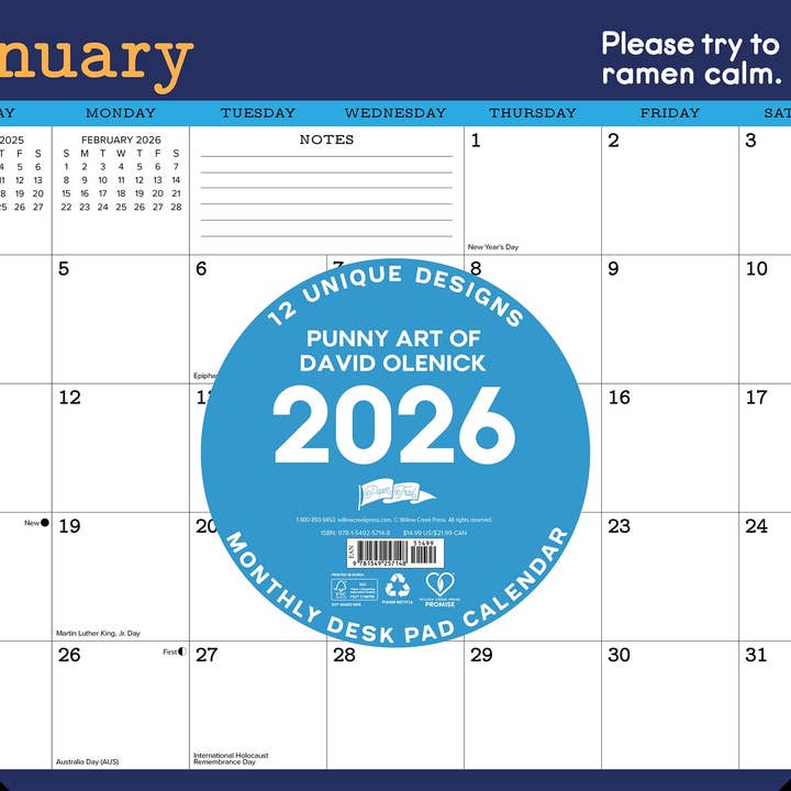 Punny Art of David Olenick 2026 17" x 12" Small Monthly Desk Pad for wholesale by Willow Creek Press & Gifts