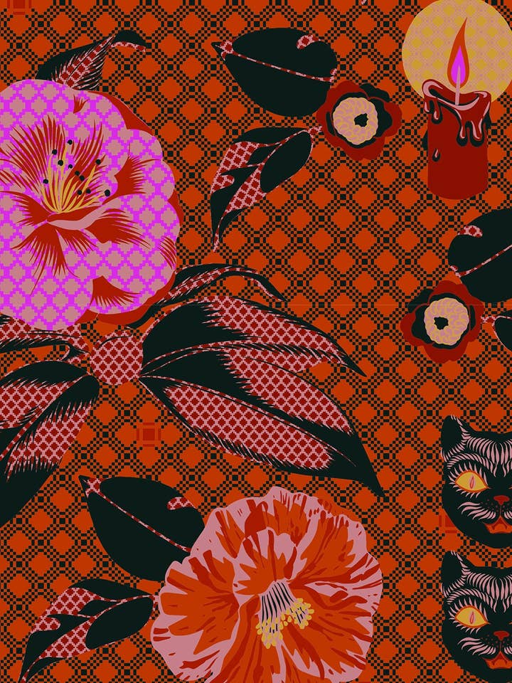 Black Cat & Camellia Tapestry Giftwrap for wholesale by Kate Blairstone