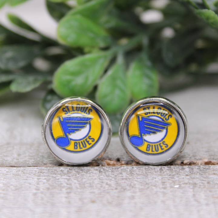 St Louis Blues Hockey Circle || 12mm Glass Stud Earrings || Hypoallergenic for wholesale by Hylidae Boutique