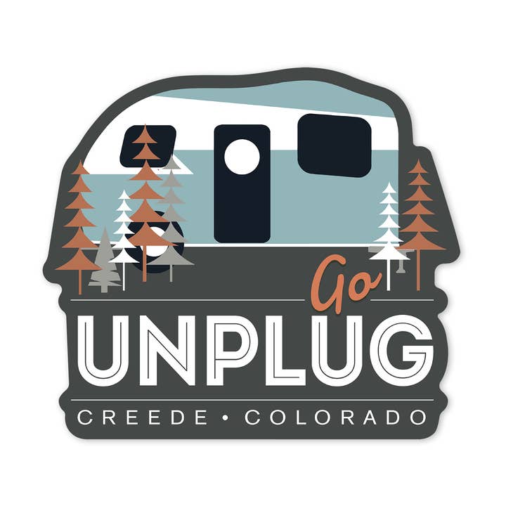 STICKER Creede, Colorado, Go Unplug, Retro Camper for wholesale by Lantern Press