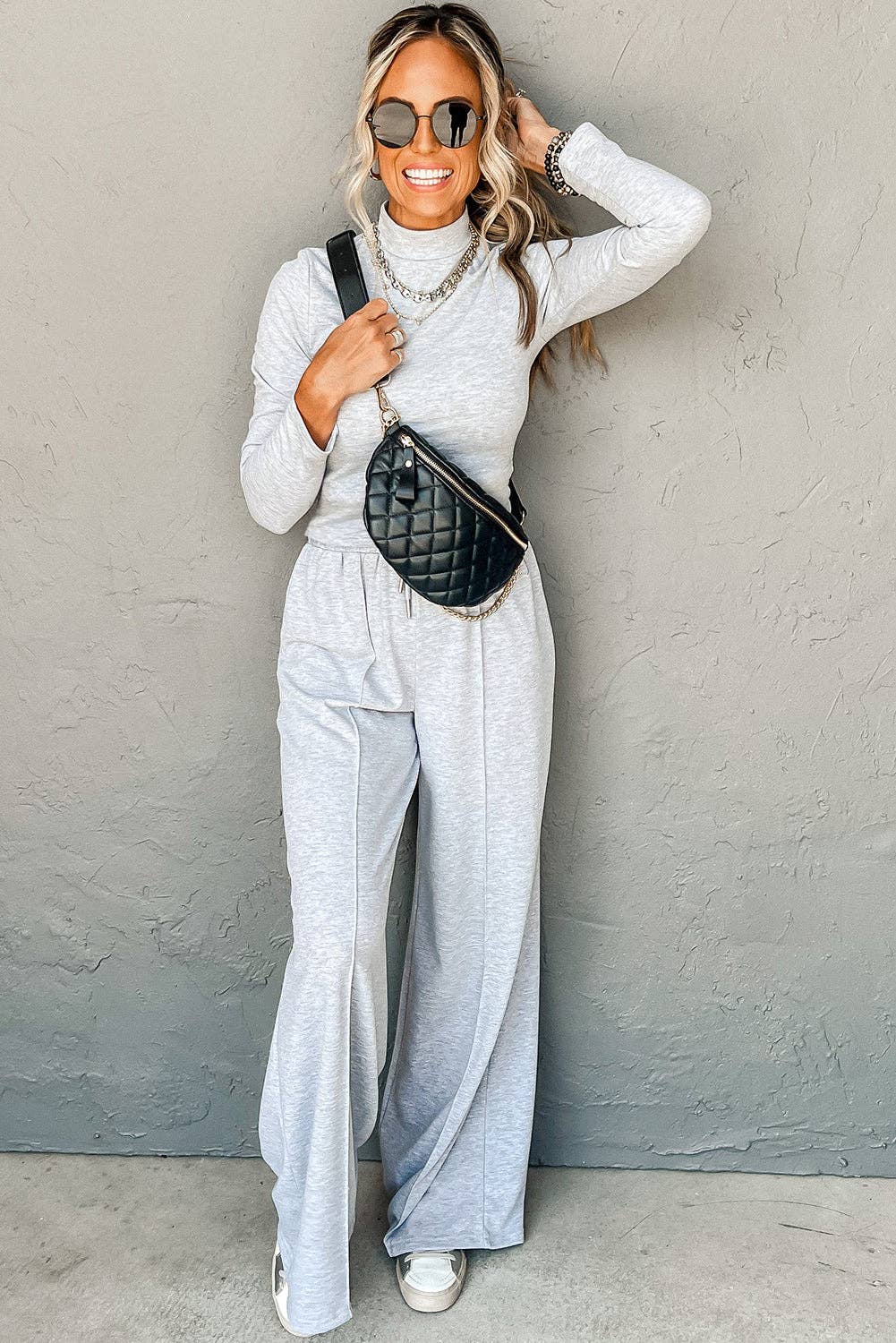 Light Grey High Neck Long Sleeve Top and Wide Leg Lounge Pants Set for wholesale on Faire3