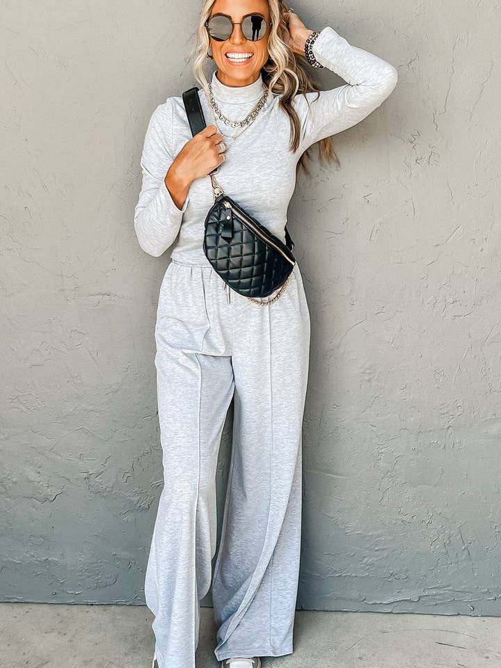 Light Grey High Neck Long Sleeve Top and Wide Leg Lounge Pants Set for wholesale on Faire3