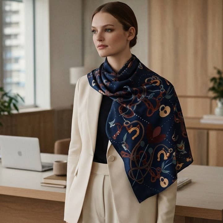 Year of the Horse 2026 100% Silk Scarf - Midnight Blue for wholesale by Design by Lola