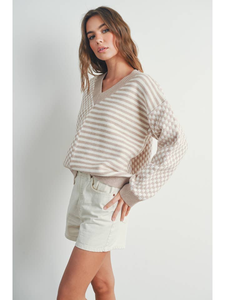 BUTTERMELON - Wholesale Knit Sweater - Women's - Frenchy Checker Pattern Drop Shoulder Sweater - BMW7311