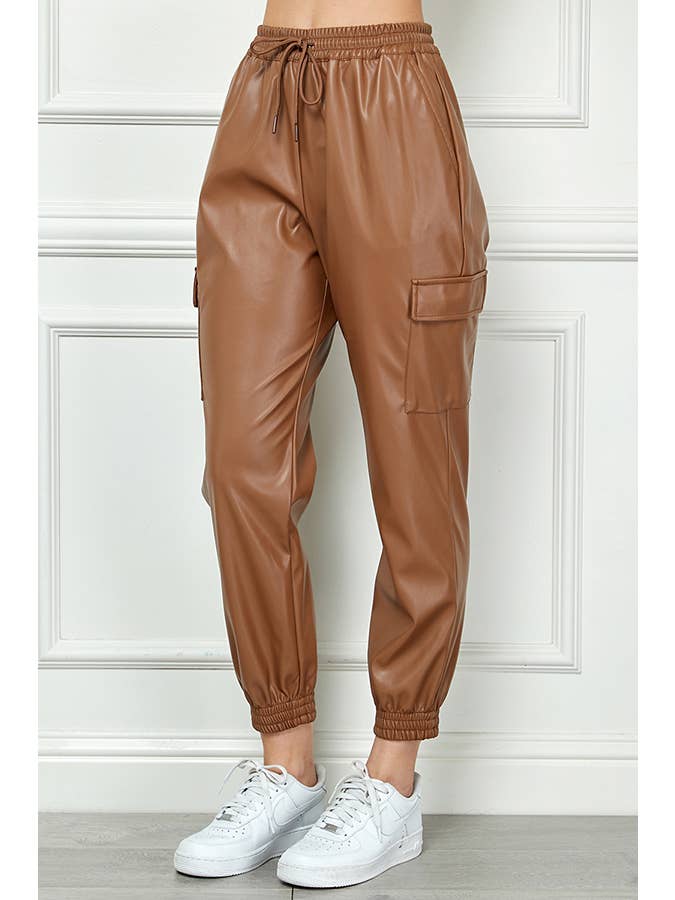 Veracci - Wholesale Pants - Women's - High Waisted Faux Leather Cargo Jogger Pants2