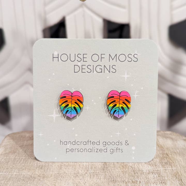 Rainbow Monstera Stud Earrings for wholesale by House of Moss Designs