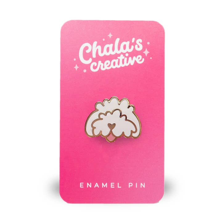 White Fluffy Doodle Bichon Frise Bolognese Contonese Dog Pin for wholesale by Chala's Creative