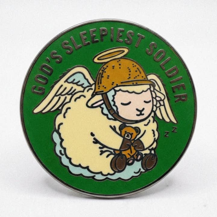 God's Sleepiest Soldier Pin for wholesale by Strike Gently