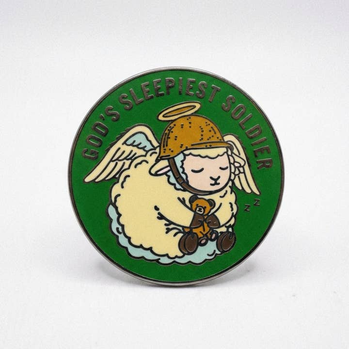 God's Sleepiest Soldier Pin for wholesale by Strike Gently