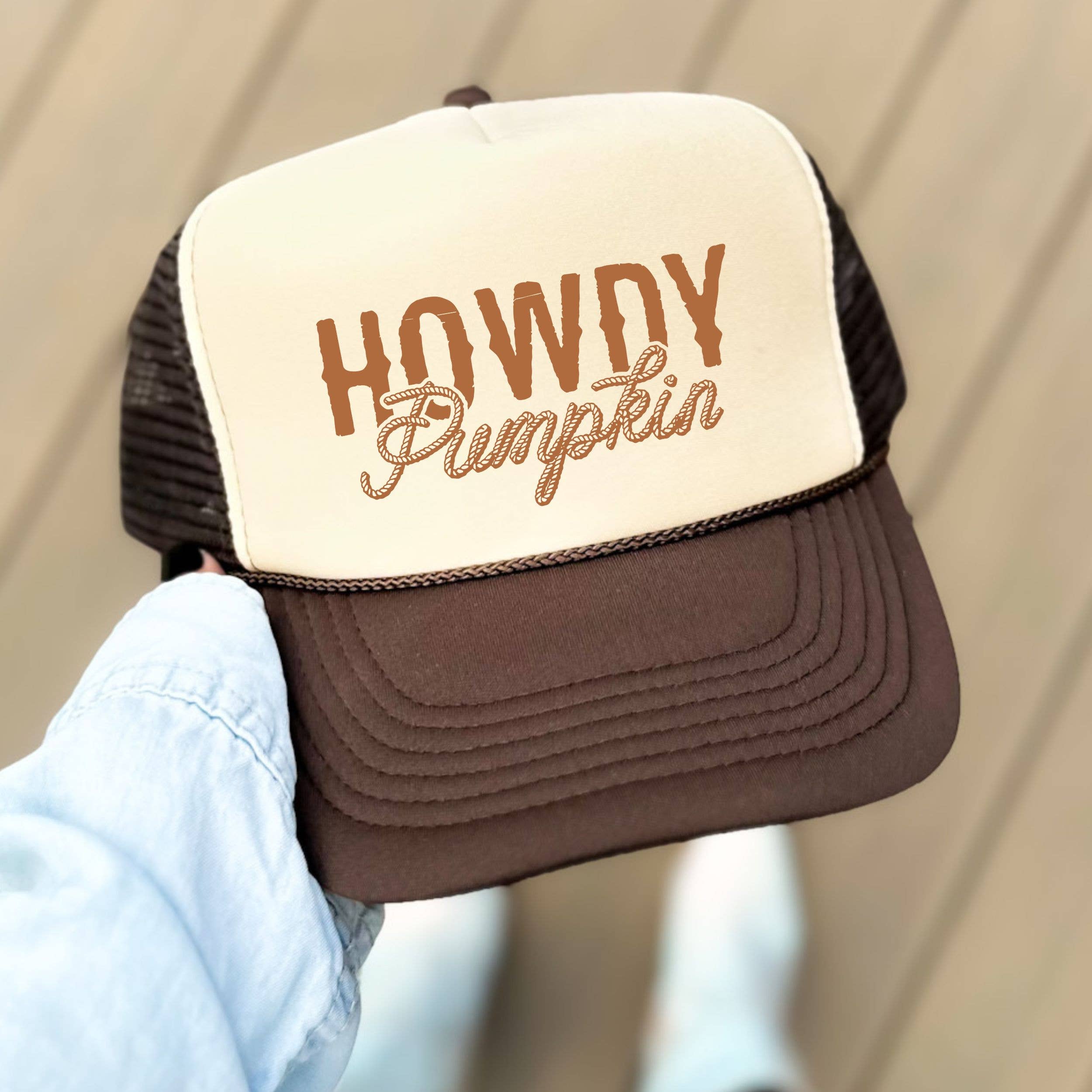 The Boho Haus - Wholesale Trucker Hat - Unisex - Howdy Pumpkin Hat | Fall Trucker Cap in Brown