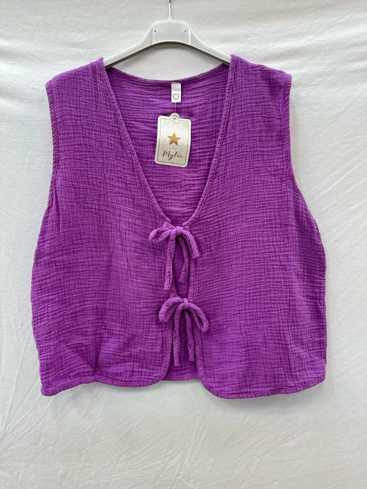Mimi & Gogo - Wholesale Outerwear Vest - Women's - Cotton gauze tie-front top cardigan @59309_GANouer13