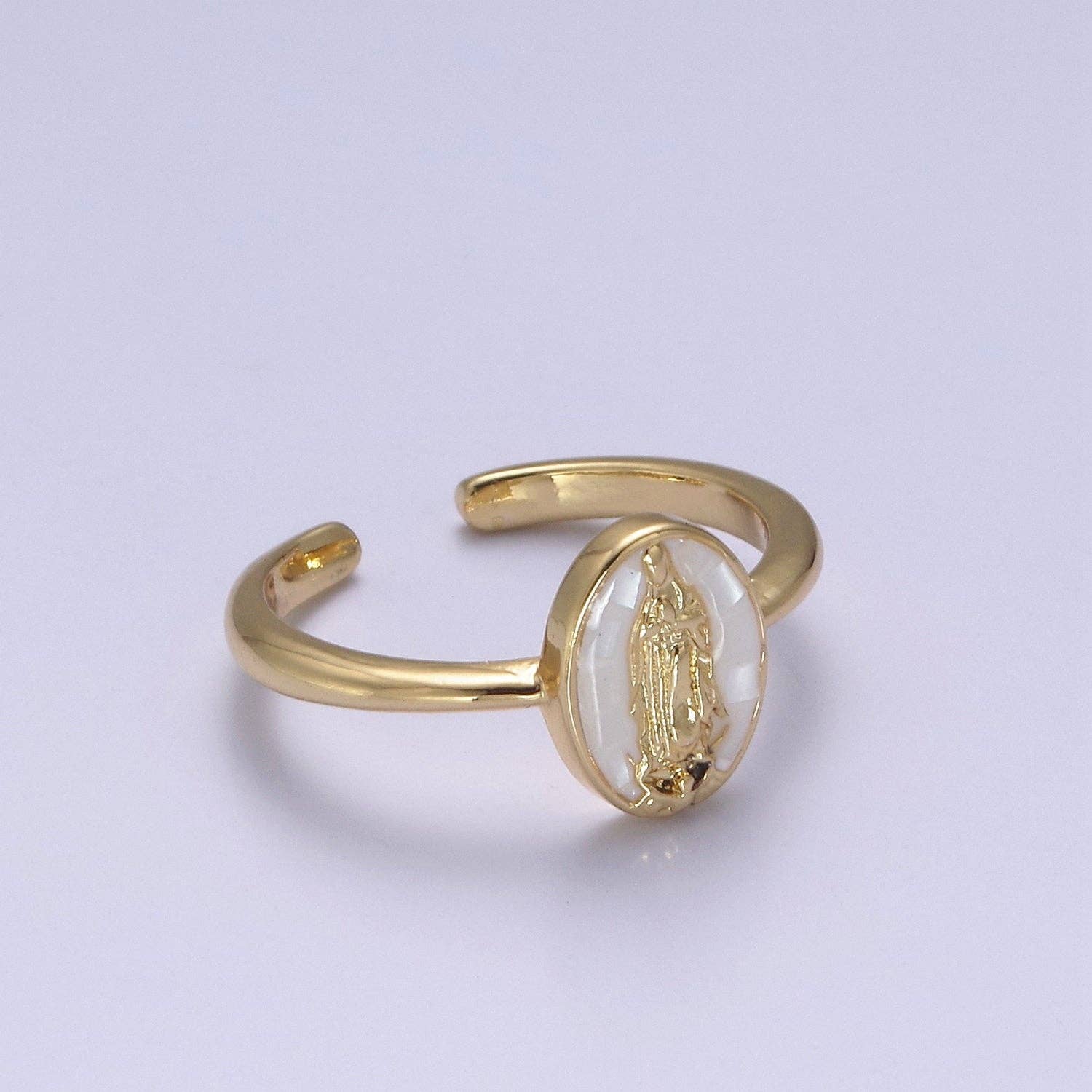 Aim Eternal - Wholesale Cocktail/Statement Ring - Gold Filled Oval Virgin Mother Mary Shell Opal Ring in Gold 4