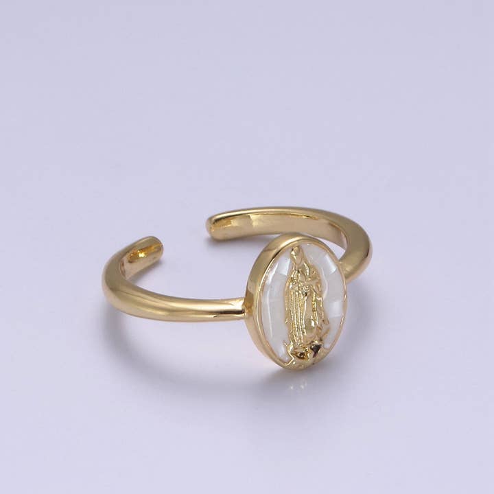Aim Eternal - Wholesale Cocktail/Statement Ring - Gold Filled Oval Virgin Mother Mary Shell Opal Ring in Gold 4