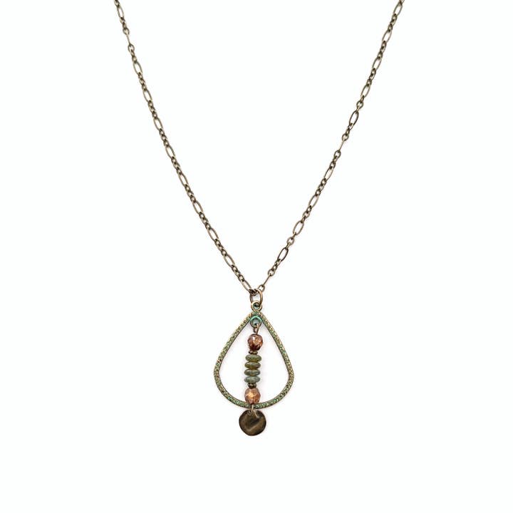 Green Brass Teardrop Charm Necklace for wholesale by Alison Kelley Designs