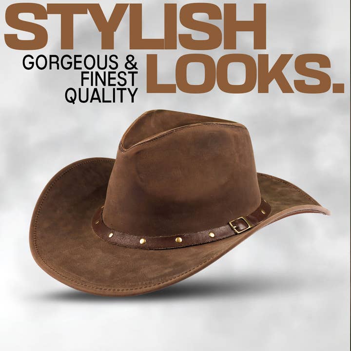 Hadzam - Wholesale Cowboy Hat - Unisex - Unisex Brown Shapeable Wide Brim Western Leather Cowboy Hat