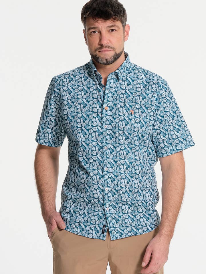 Men's short sleeve blue and leaf shirt for wholesale by J&JOY