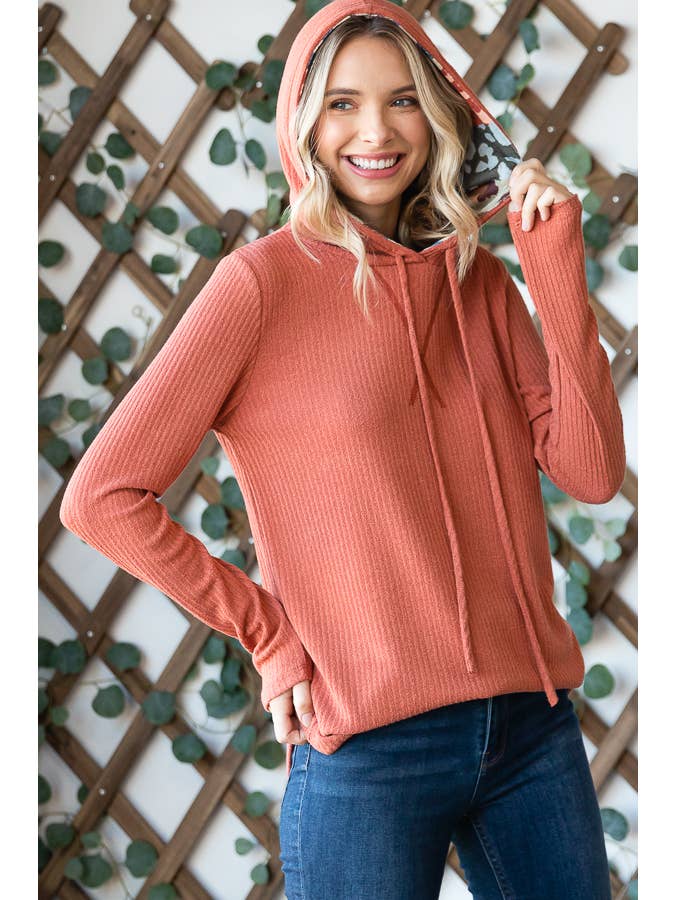 7th Ray - Wholesale Hoodie - Women's - Casual Ribbed Knit Drawstring Leopard Lined Hoodie T4936
