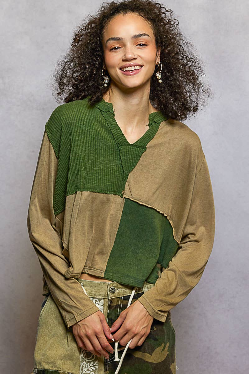 Pol Clothing - Wholesale Knit Top - Women's - Notched neck contrast fabric long sleeve top8