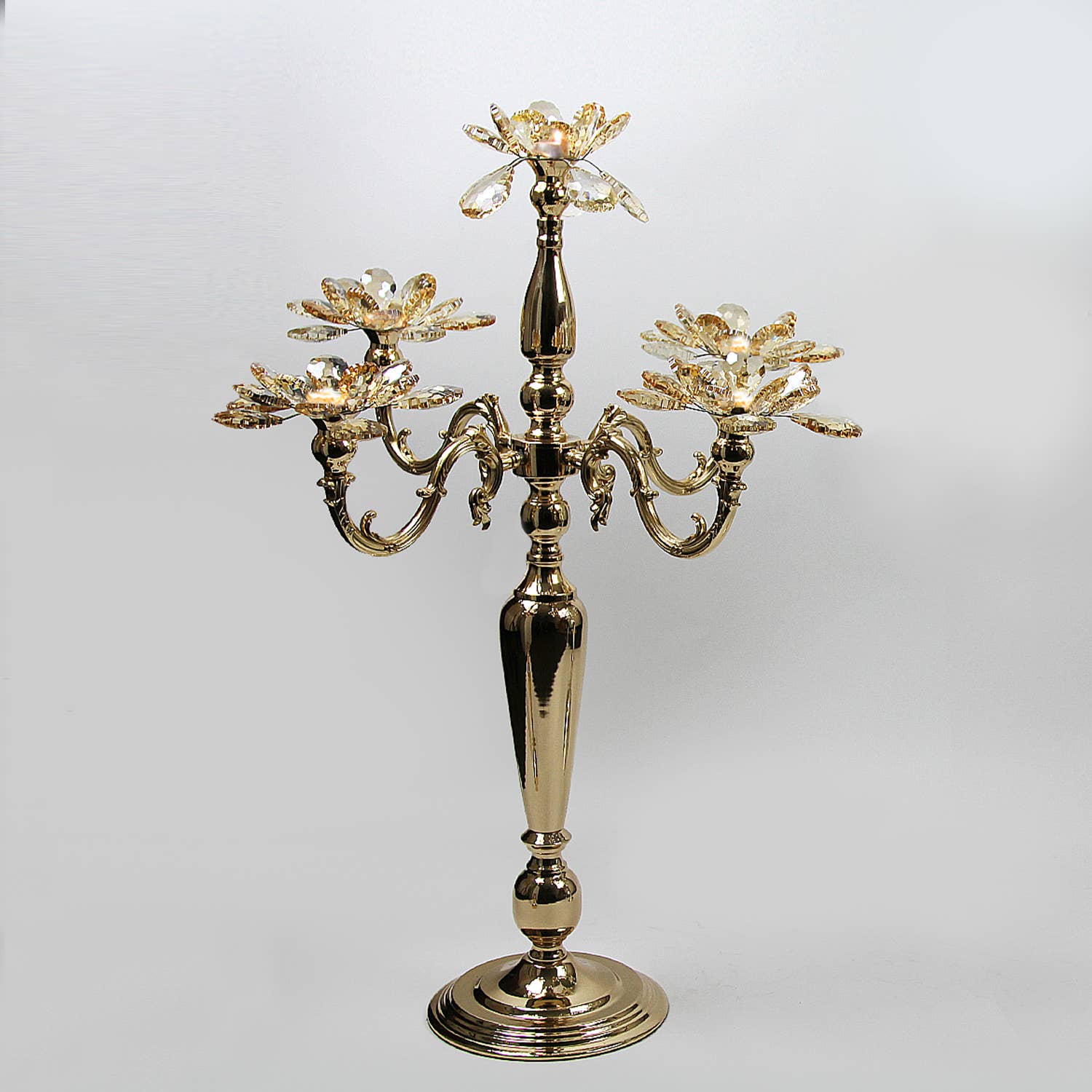 5 Arm Crystal Candelabra Metal Candle Holder, Gold for wholesale on Faire0