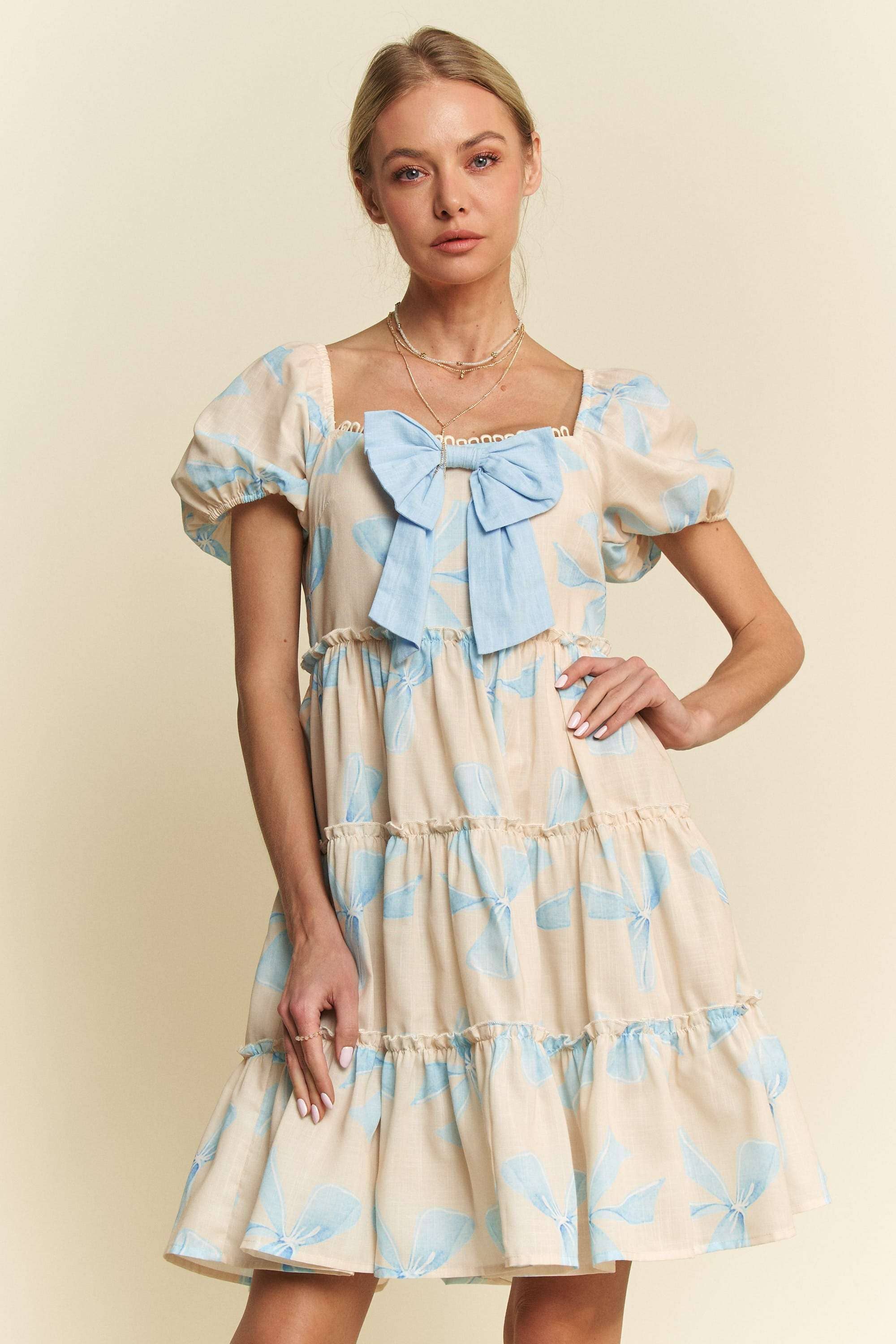 Davi & Dani - Wholesale Dress - Women's - BOW PRINTED PUFF SMOCKING BACK TIERED DRESS1