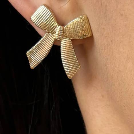 Ribbon (rib) Bow Stud Earrings- 14K Gold Steel for wholesale on Faire