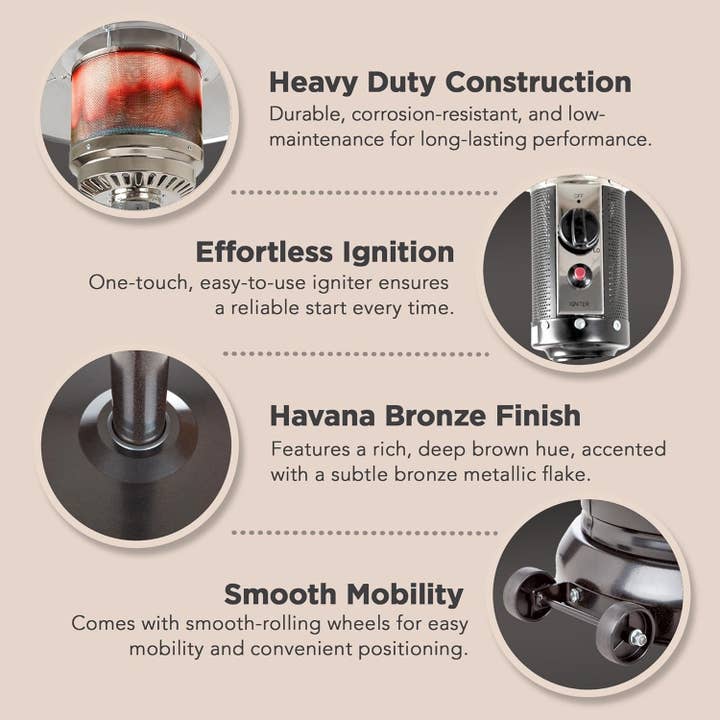 46,000 BTU Outdoor Patio Heater With Wheels Havana Bronze for wholesale on Faire6