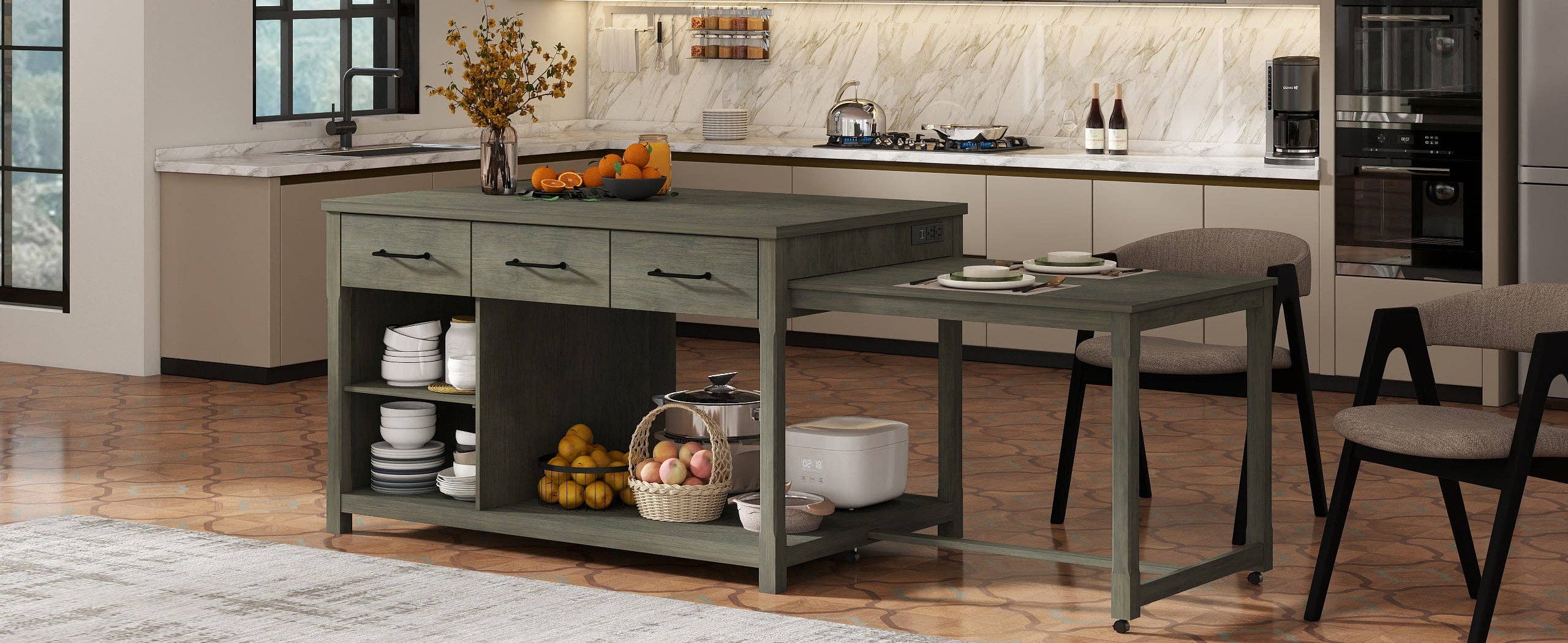 HOMYCASA DESIGN INC - Wholesale Kitchen Storage/Organizer - Extendable Kitchen Island with Power Outlets & Storage22