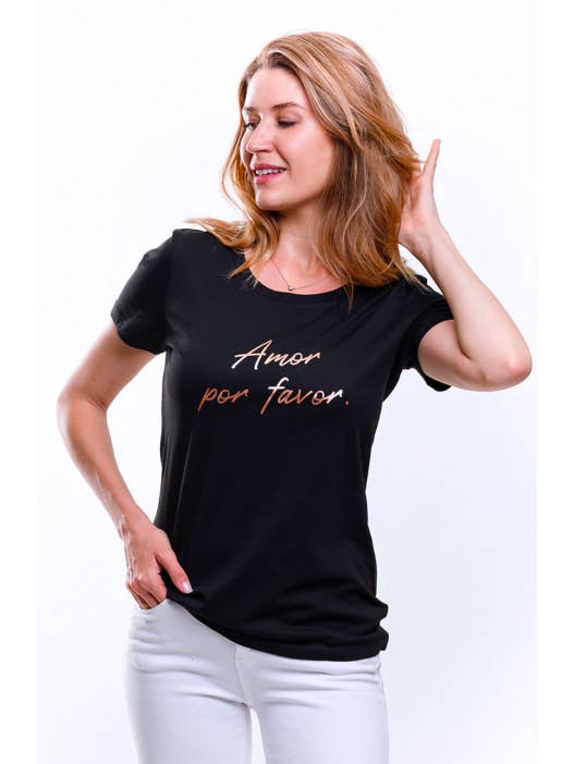Tshirt Corner - Wholesale T-shirt met print - Dames - Amor Por Favor T-shirt voor dames - roségouden inscrip2