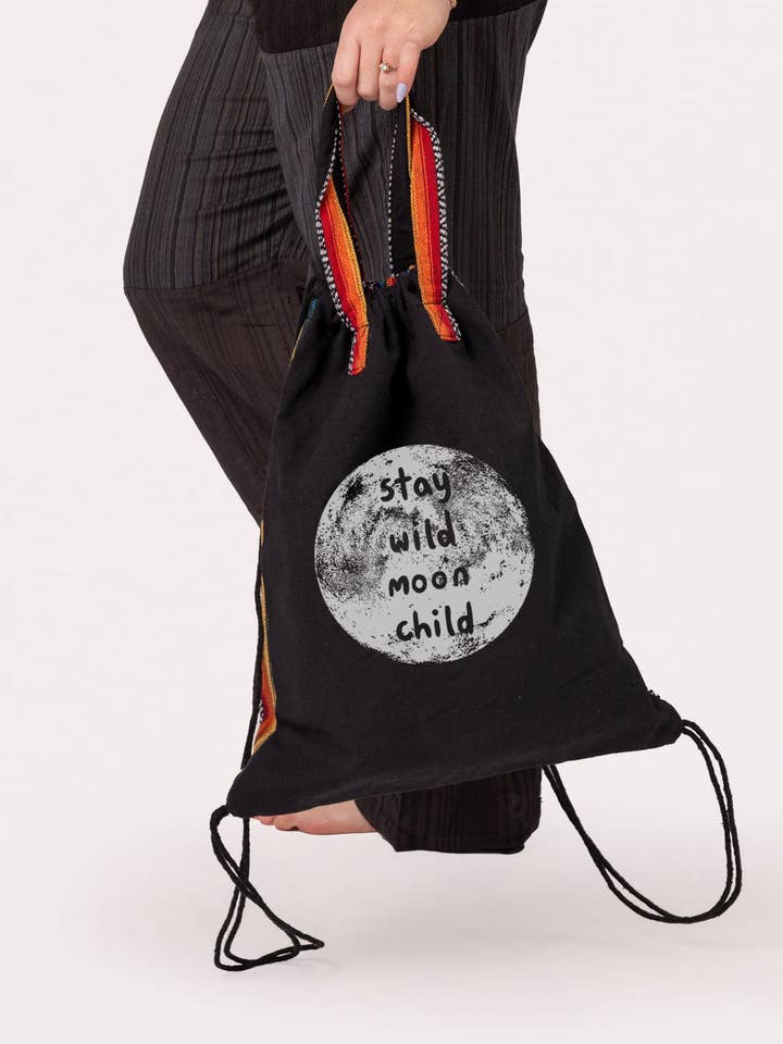 Stay Wild Moon Child Cinch String Backpack for wholesale by Soul Flower