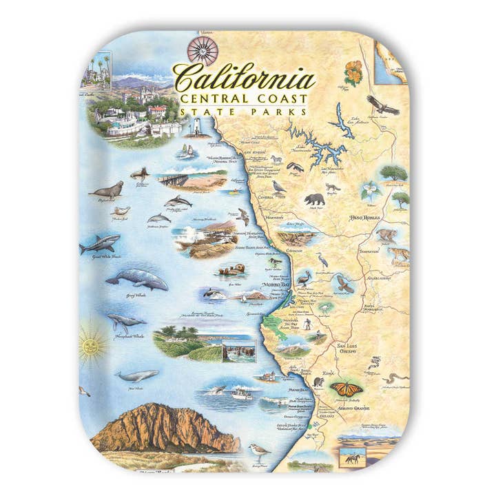 Plateaux de service en bois avec carte de la côte centrale de Californie pour la vente par XPLORER MAPS