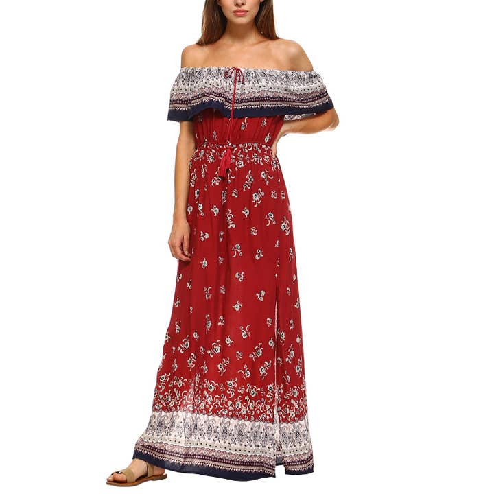 FLORAL PRINT OFF SHOULDER MAXI DRESS for wholesale by JHP Collection