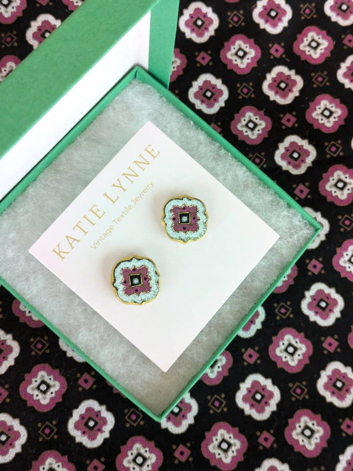 Sandra Stud Earring - White for wholesale by Katie Lynne - Vintage Textile Jewelry