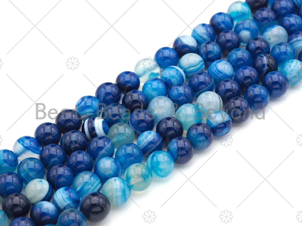 BestBeads&Beyond – wholesale Pärlor – Hög kvalitet Blå Banded Agate runda släta pärlor, 6mm/8mm/10mm/12mm Agat, Naturliga Blå Agate pärlor, 15.5"Full Strand, sku #UA1161