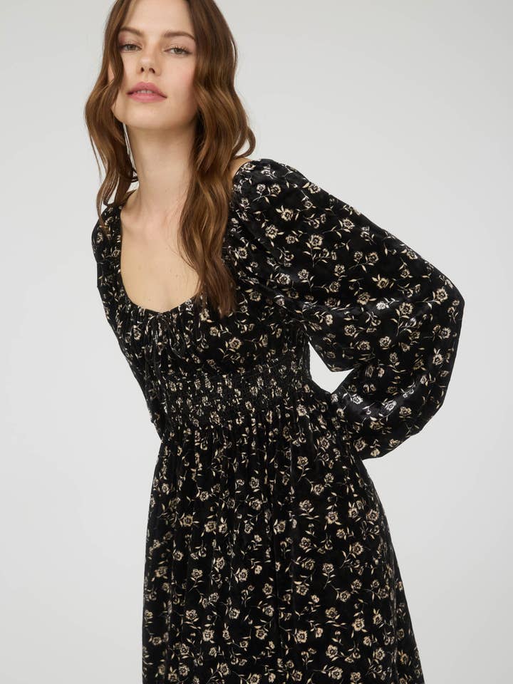 FLORAL LONG SLEEVE FRONT TIE LEG SPLIT MIDI DRESS for wholesale by MINE