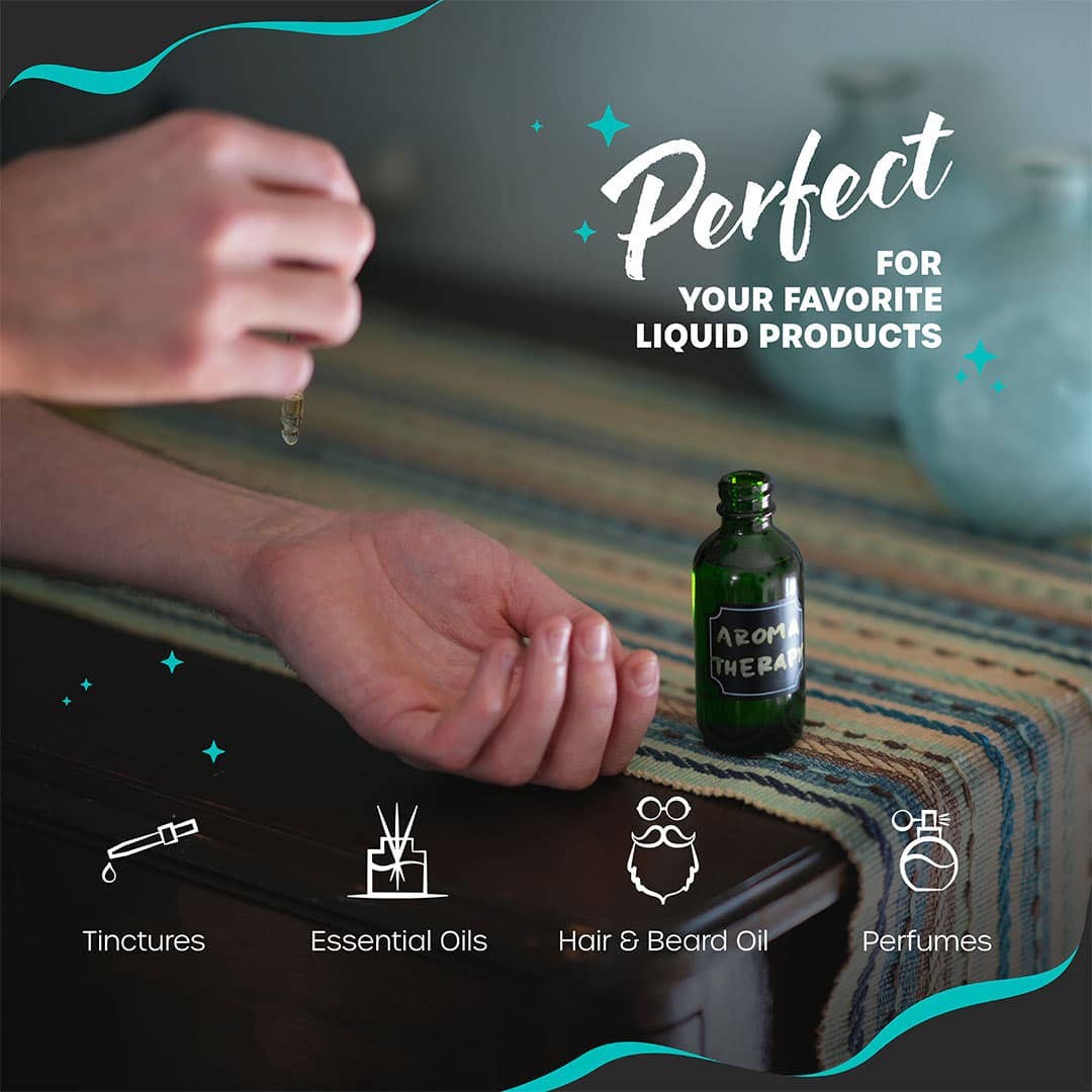 Nevlers – Engroshandel Rejseflaske og beholder – Nevlers 2 oz grøn glasflaske med pipette (sæt med 24) | Inkluderer krympefolie, flaskebørste, tragt, marker og etiketter4