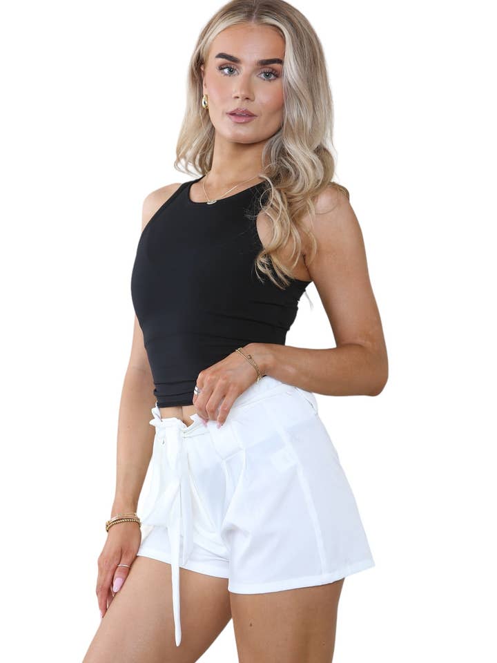Women’s White High Waist Bow Knot Tie Up Belted Wide Leg Small Tailored Shorts Summer Casual Loose Shorts Pants Beach Streetwear Home wear for wholesale on Faire2