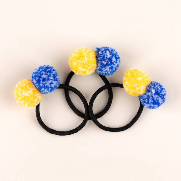 Lot de 3 élastiques à cheveux avec pompons bleu royal et or confettis pour la vente par Double Pom